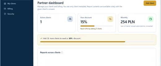 Screenshot des Partner-Dashboards: Kacheln mit der Zahl aktiver Kunden, der Rabattschwelle und dem Monatsbetrag.